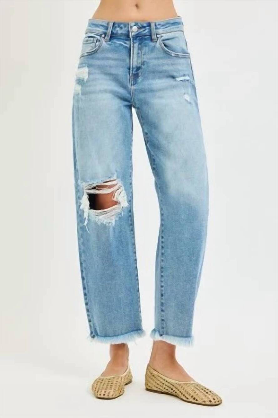NEW RISEN high rise crop barrel distressed jeans in light wash